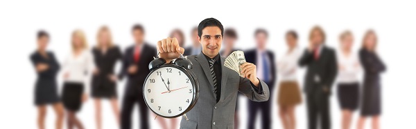 Man holding clock in one hand an money in the other in front of blurred line of people